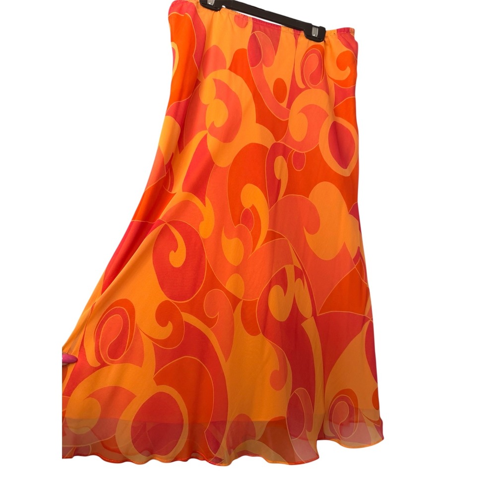 Retro Swirl Midi Ruffle 100% Silk‎ Skirt Orange Psychedelic Boho Flowy SZ 6